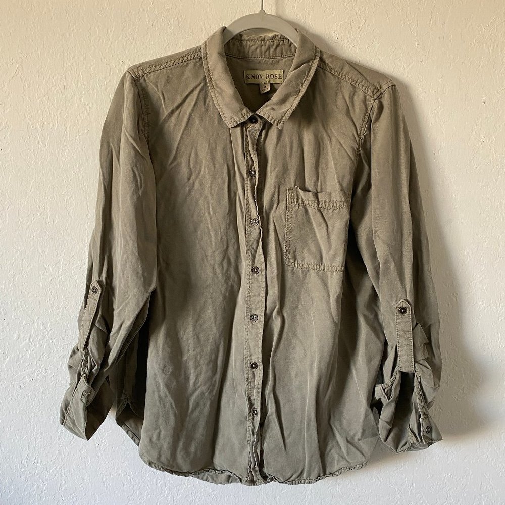 Knox Rose Womens Blouse Shirt Button Down Green Size M Casual Pocket Shirt Top